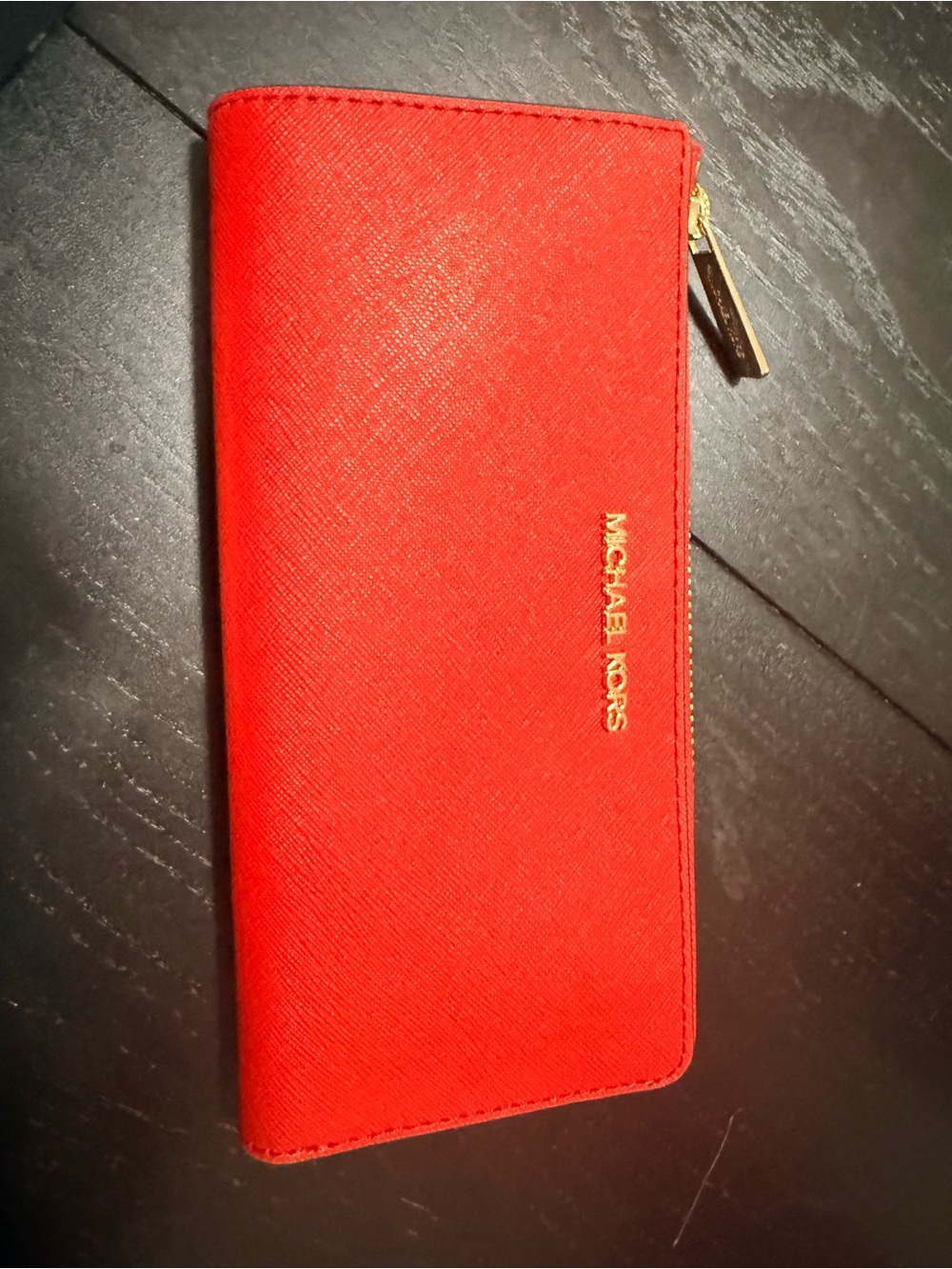 Michael Kors Bright Red Saffiano Zip Wallet with Gold Hardware